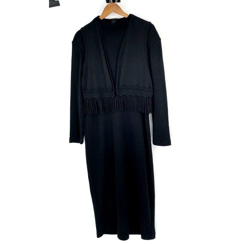 Sag Harbor Womens Medium 2 Piece Sweater Dress With Fringe Vest Black